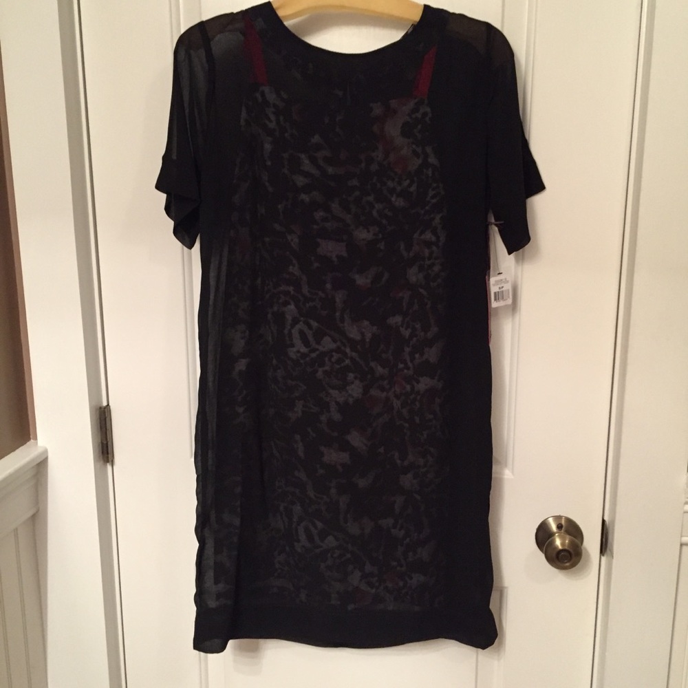 DEX 1963 DRESS NEW BLACK MINI SHIFT ANIMAL PRINT SLIP Size SMALL NWT